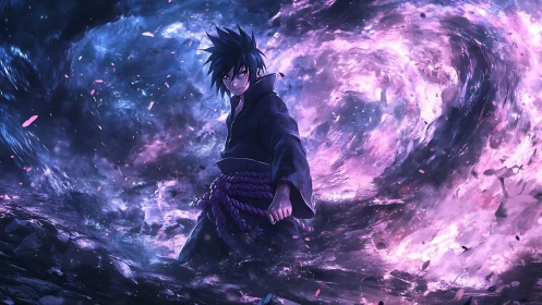 Stormlit anime hero surrounded by swirling cosmic energy.