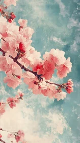 Cherry Blossoms Against Turquoise Sky: Painterly Botanical Study