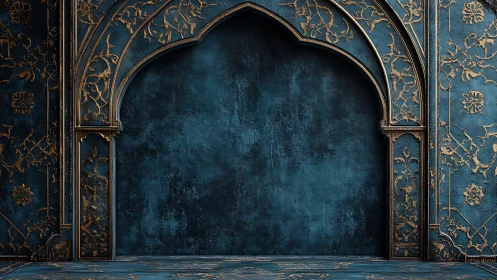 Ornate teal archway frames weathered textured wall