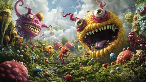 Grotesque candy-colored monsters swarm lush alien valley.