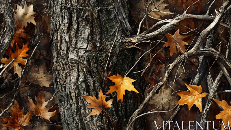 Golden autumn leaves rest gently on rugged forest bark