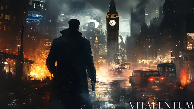 Noir operative in incendiary neo-London rainscape at dusk.