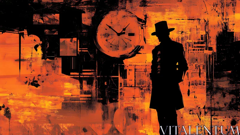 Mysterious silhouette waits beneath a glowing city clock.