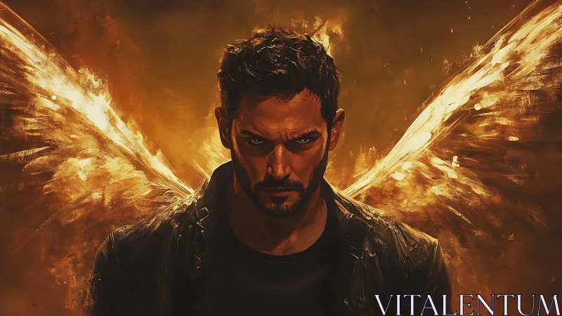 Brooding dark angel rendered in fiery chiaroscuro digital art
