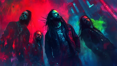 Neon storm crowns a rock band wandering through painted smoke