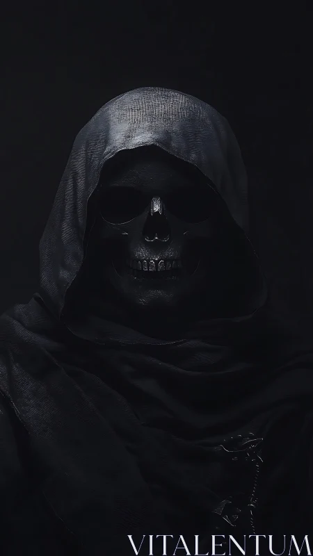 Hooded skeletal reaper portrait in deep shadowed darkness.
