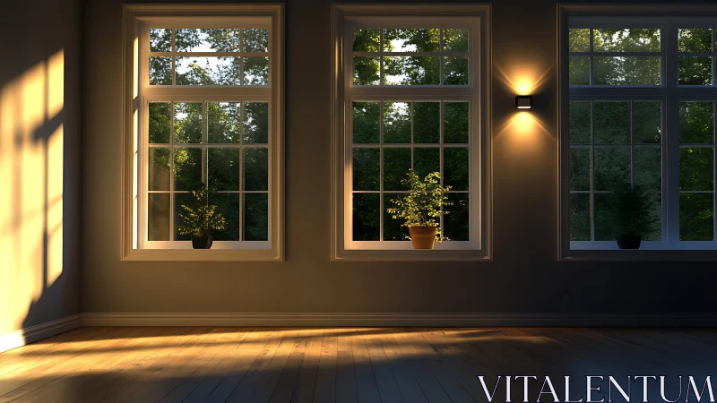 Sunlit room interior with large windows and plants.