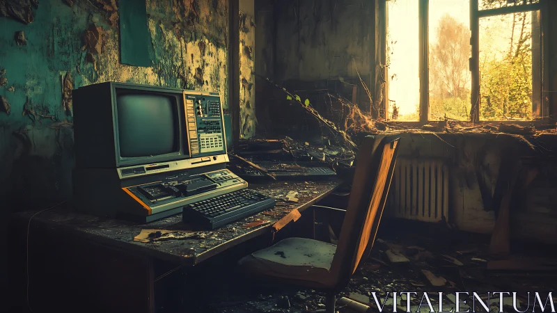 Decaying retro computer in sunlit abandoned office interior.