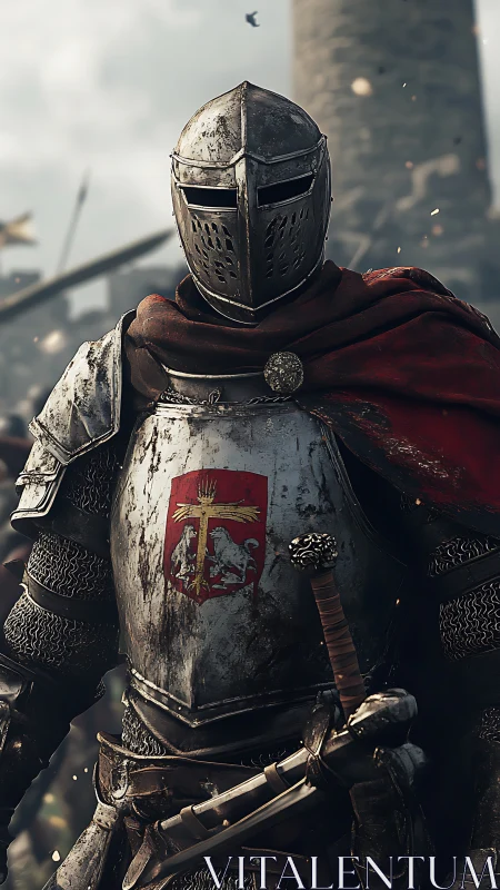 Stormworn crusader waits amid swirling embers of siege.