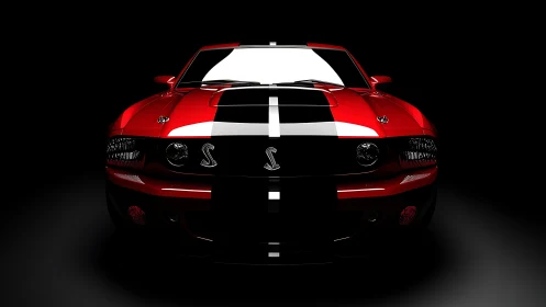 Front view of red sports car with central racing stripes.