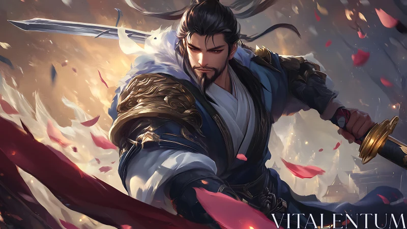 Swordmaster charges through petals under stormlit sky.