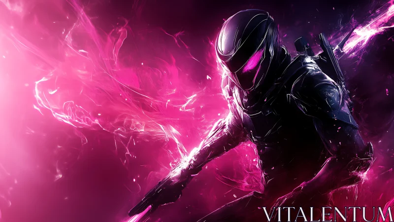 Cybernetic warrior in neon pink energy storm glow.