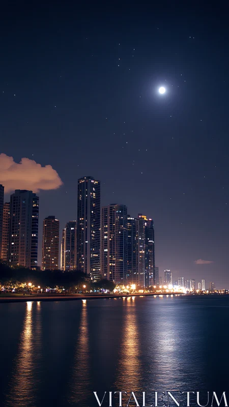 Moonlit skyline reflects softly across calm harbor waters.