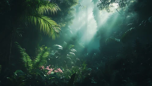Tropical rainforest canopy with god rays filtering through lush vegetation
