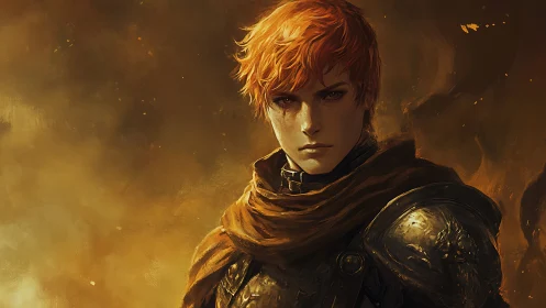 Ember-lit young warrior in scorched armor and ochre cloak