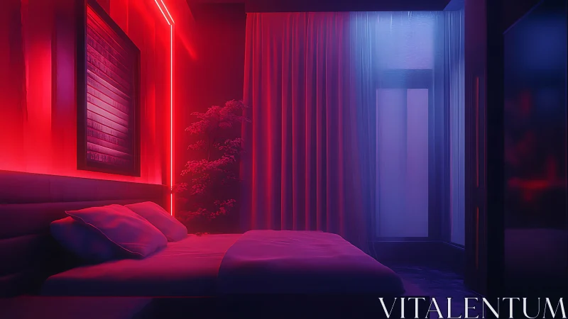 Moody modern bedroom with red and blue neon lighting.
