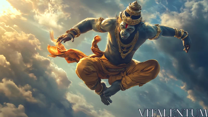 Sky-leaping monkey warrior draped in stormlit gold armor.