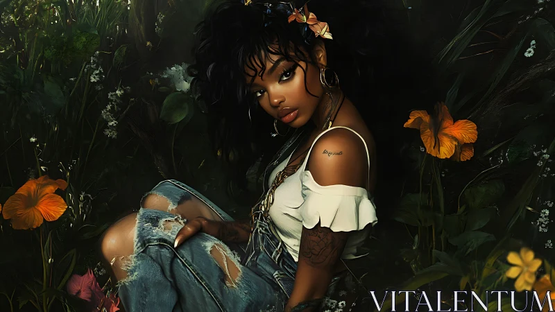 Young woman in distressed denim seated among tall garden flora.