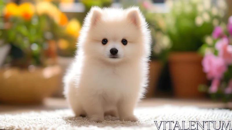 Small cream-colored puppy stands on carpet in soft daylight