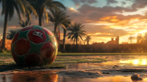 Sunlit desert football waits on a glowing palm-lined field.