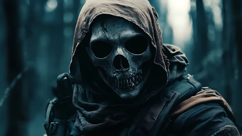Hooded skull-faced soldier stalks through a misty forest.