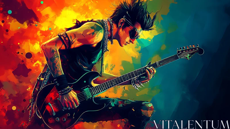Electric guitarist rendered in saturated digital color contrast