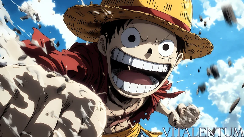 Dynamic straw-hat fighter lunging forward against blue sky