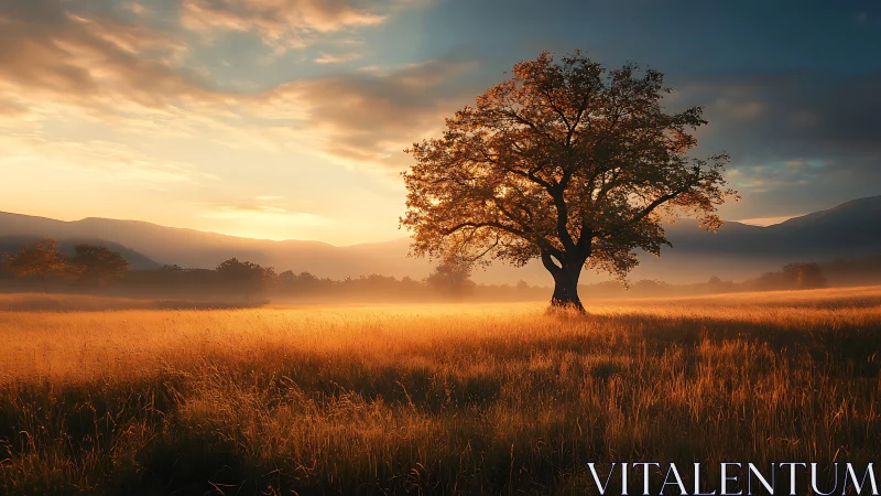 Golden hour meadow tree in photorealistic landscape rendering.