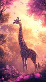 Graceful giraffe gazes through dreamy pink forest light