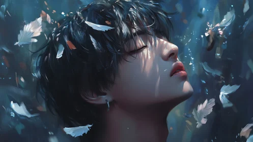 Soft-breath dreamer adrift in luminous falling feathers.