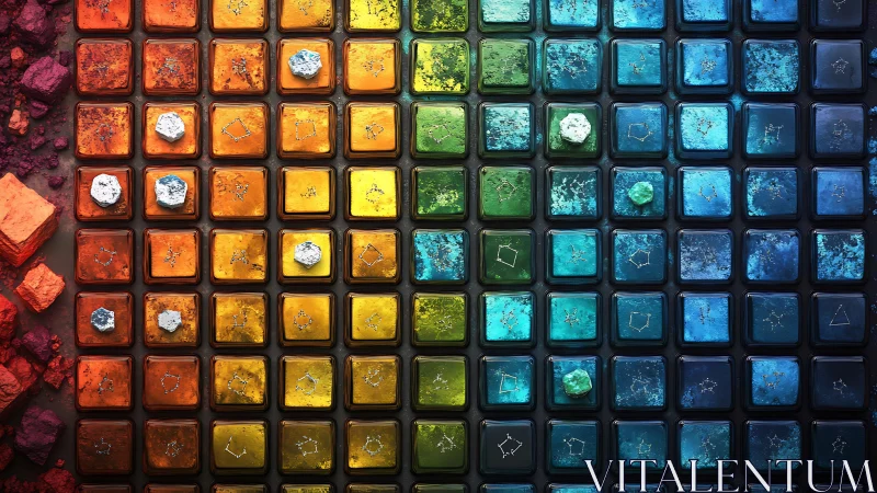 Chromatic mineral tiles align in a cosmic gradient grid.