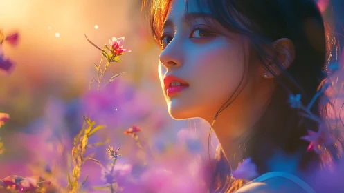 Dreamy portrait glows amid ethereal sunset wildflower field.