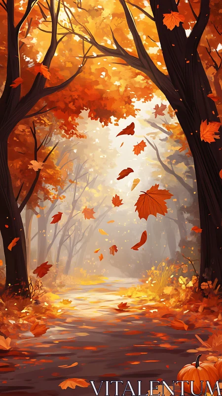 Glowing Autumn Forest Path Filled with Golden Falling Leaves
