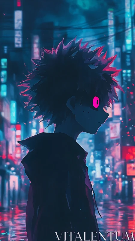 Silhouetted anime boy stands in neon city street at night