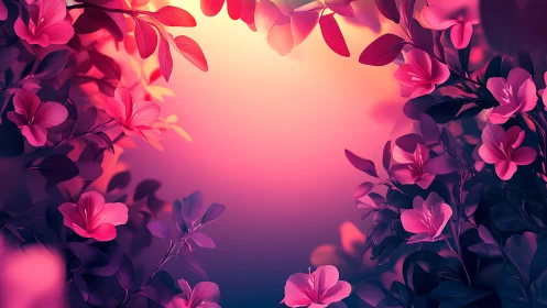 Glowing floral frame surrounds radiant pink sunset core