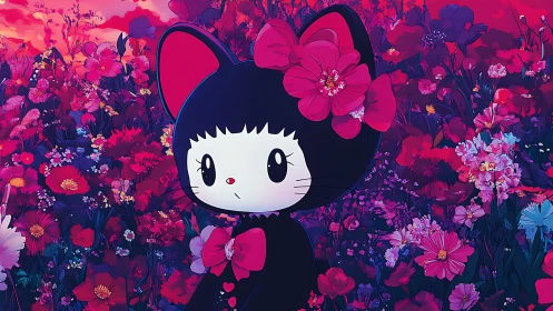 Cartoon black cat character in dense pink flower field.