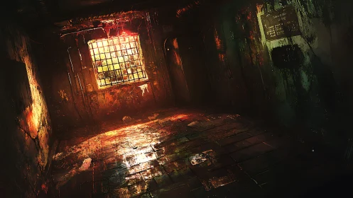 Rotting corridor glows under bloodstained sunset window