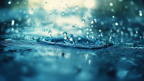 Close-up view of raindrops splashing on blue water surface.