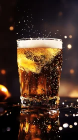 Carbonated beverage glass with dynamic foam eruption and bokeh lighting.