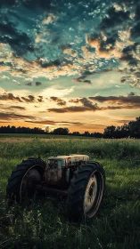 Rustic tractor under expansive sunset sky, photorealistic framing.