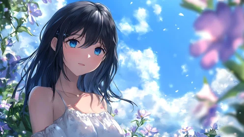 Blue-eyed girl in floral garden under bright midday sky