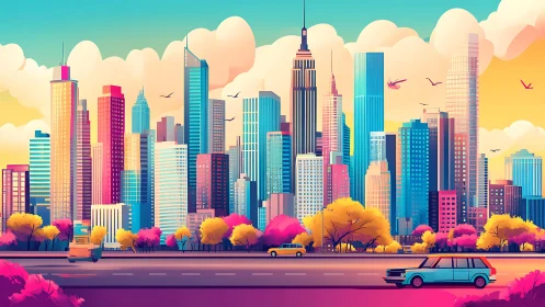 Neon morning drapes the city skyline in candy-bright calm