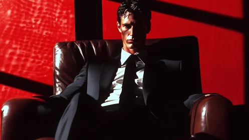 Intense businessman in shadowed leather chair against red wall.