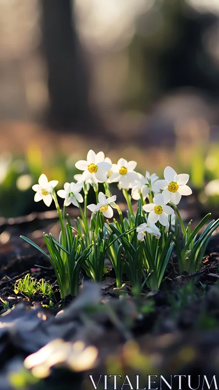 Daffodil Cluster in Early Spring Garden Setting.