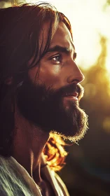 Bearded man in profile stands in warm backlit sunlight outdoors