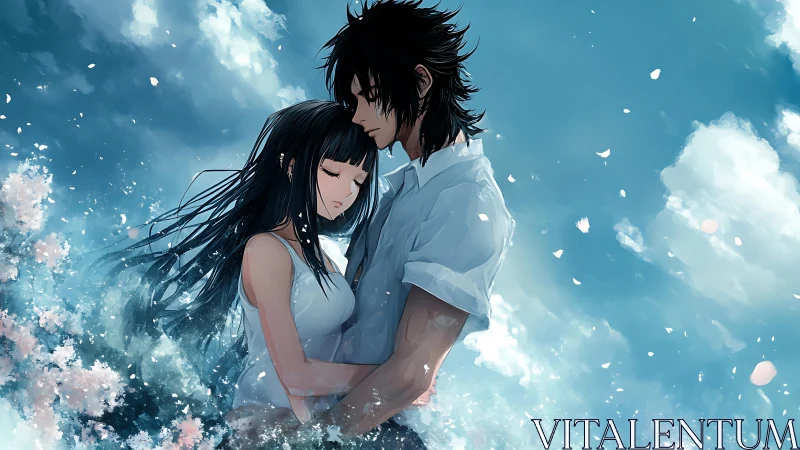 Tender embrace beneath drifting petals and skybound clouds.