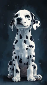 Digital painting portrait of seated Dalmatian puppy in profile.