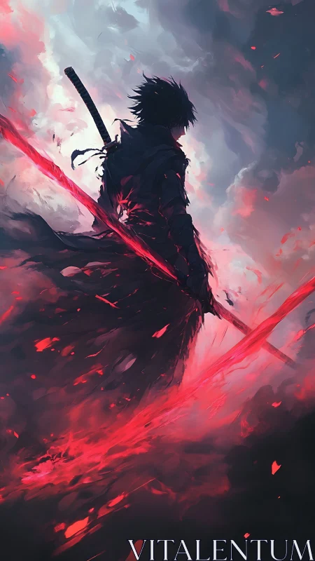 Dark warrior silhouette with glowing red energy blade.