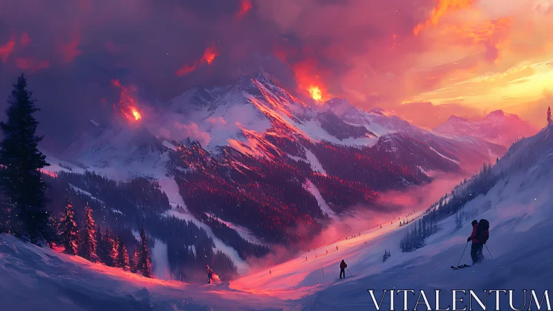 Blazing twilight over skiers in violet alpine valley.
