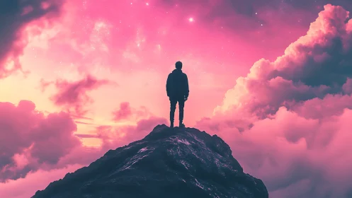 Silhouette on rocky summit studies neon pink cloudscape gradient